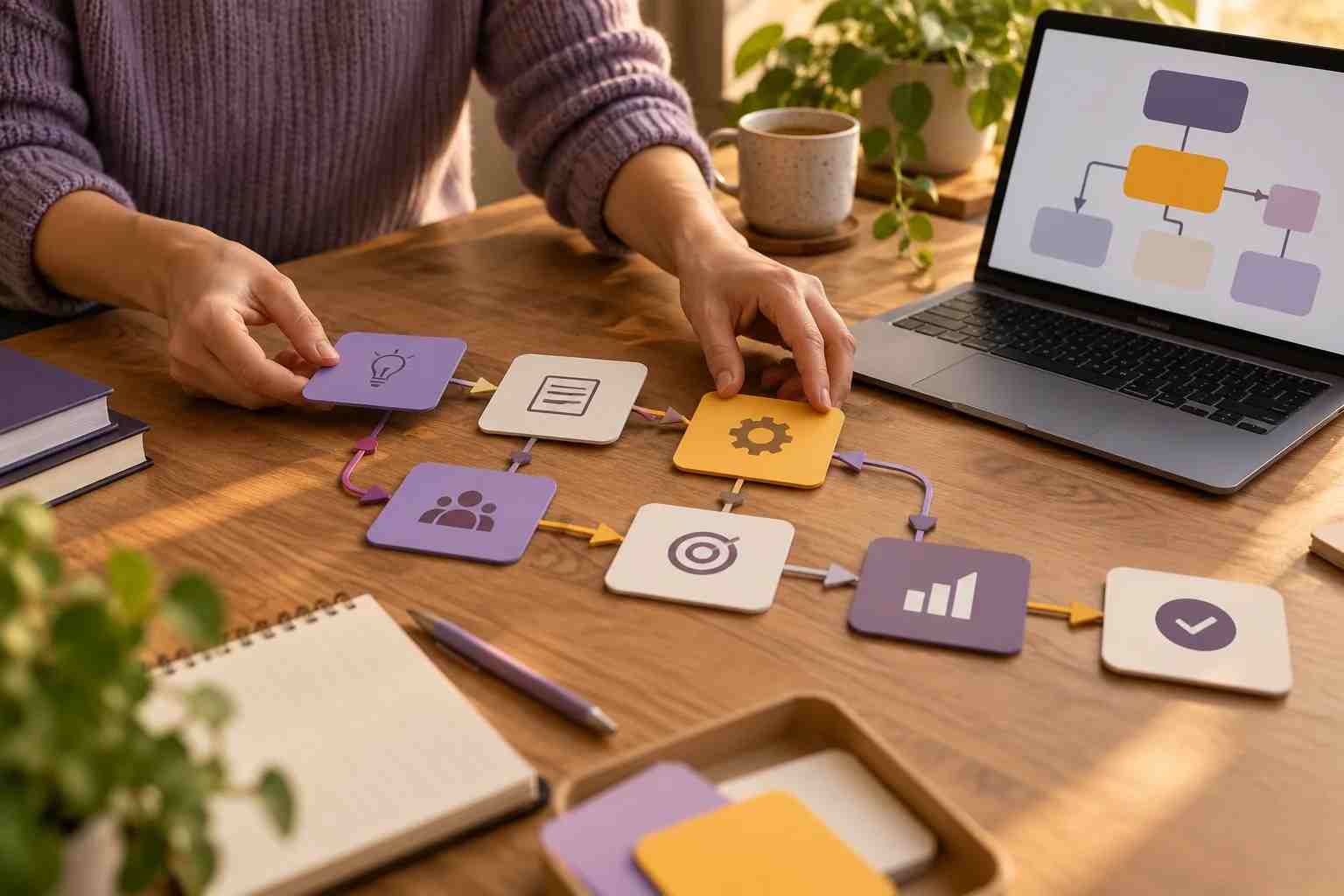 Concept image of a workflow planning table and connected process cards
