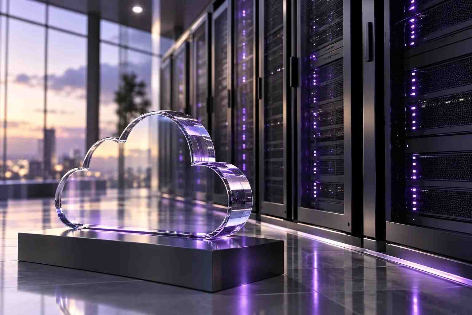 Concept image of server racks and a glass cloud model