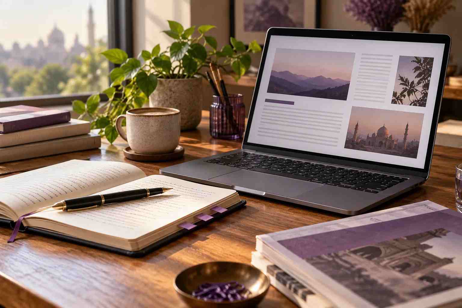Concept image of an editorial workspace and research notebook