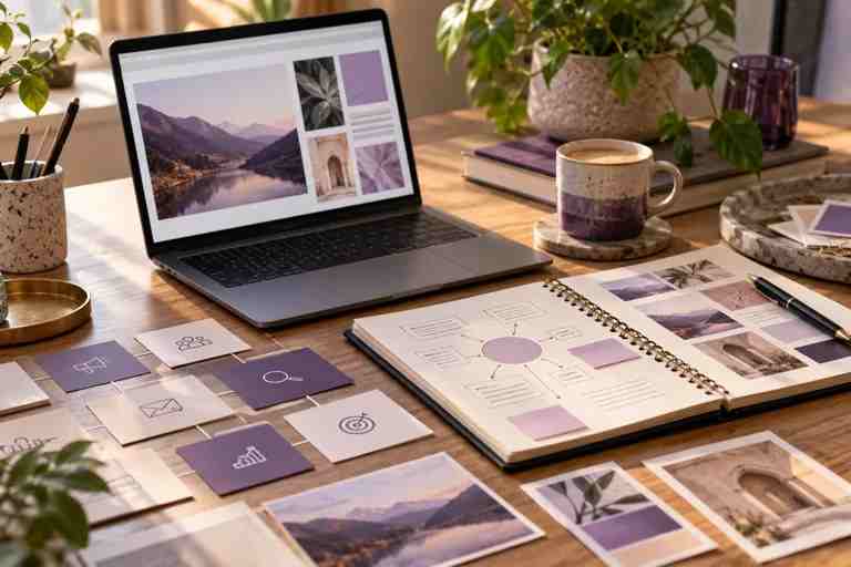 Concept image of campaign planning cards beside a laptop