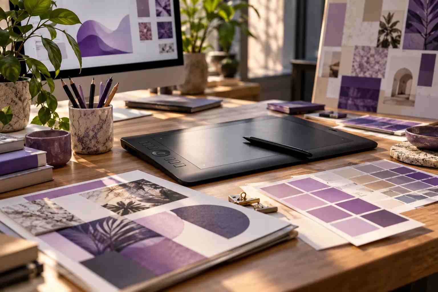 Concept image of a design tablet and brand identity boards
