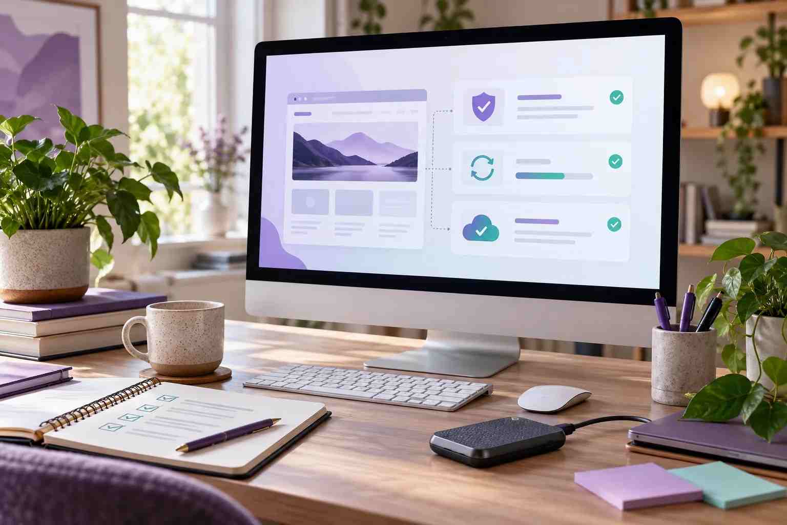 Concept image of a website maintenance checklist and backup drive