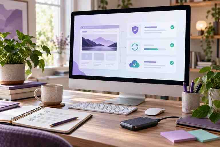 Concept image of a website maintenance checklist and backup drive