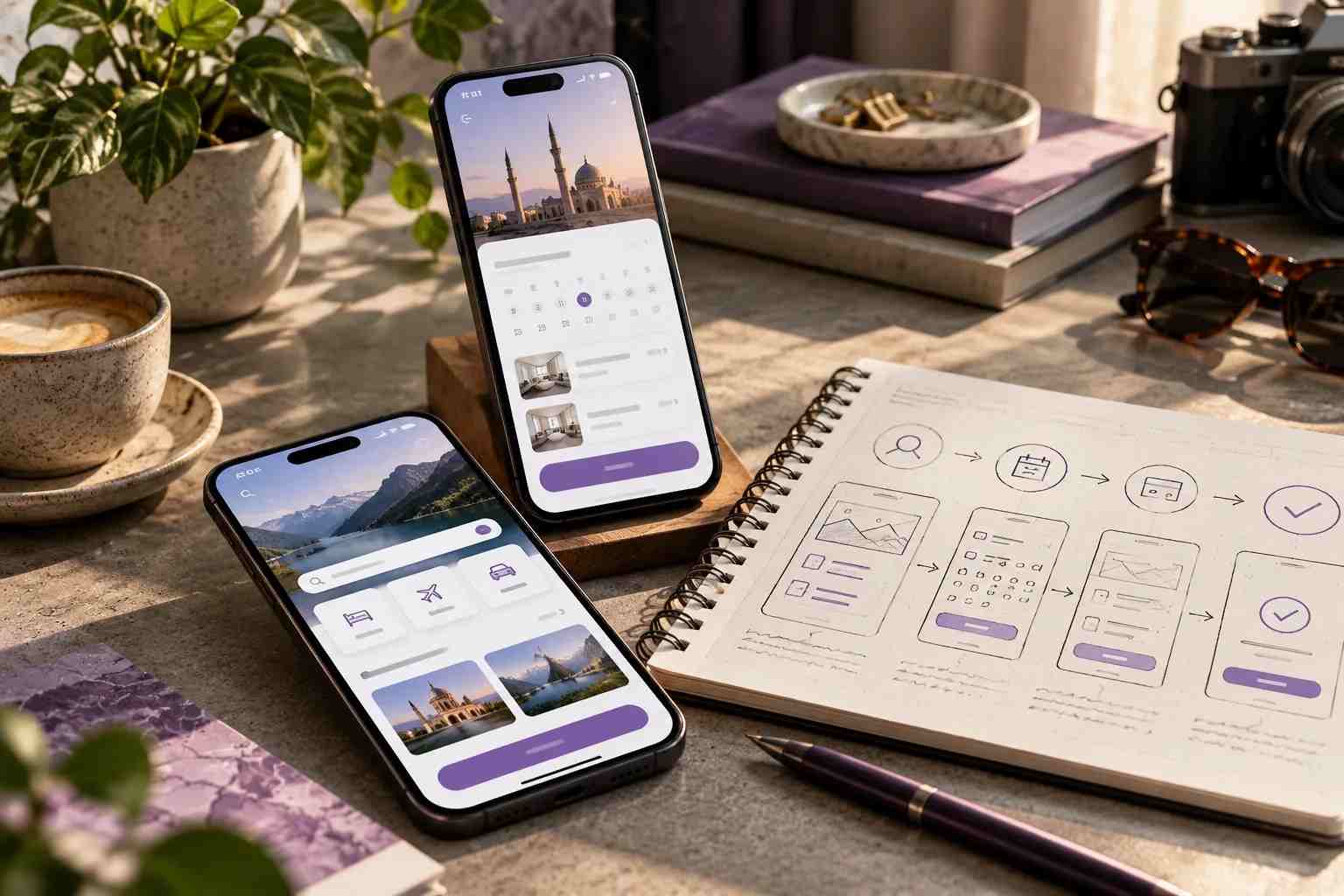 Concept image of mobile app screens and user journey sketches
