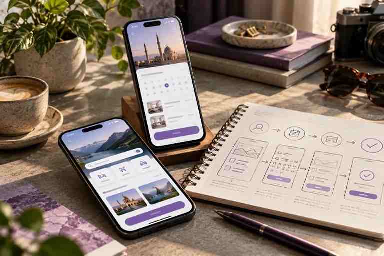Concept image of mobile app screens and user journey sketches