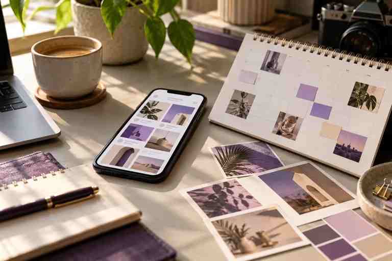 Concept image of social posts on a phone beside a content calendar