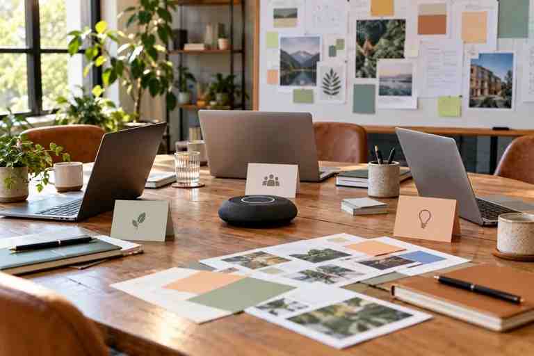 Concept image of a collaborative planning table with laptops and role cards