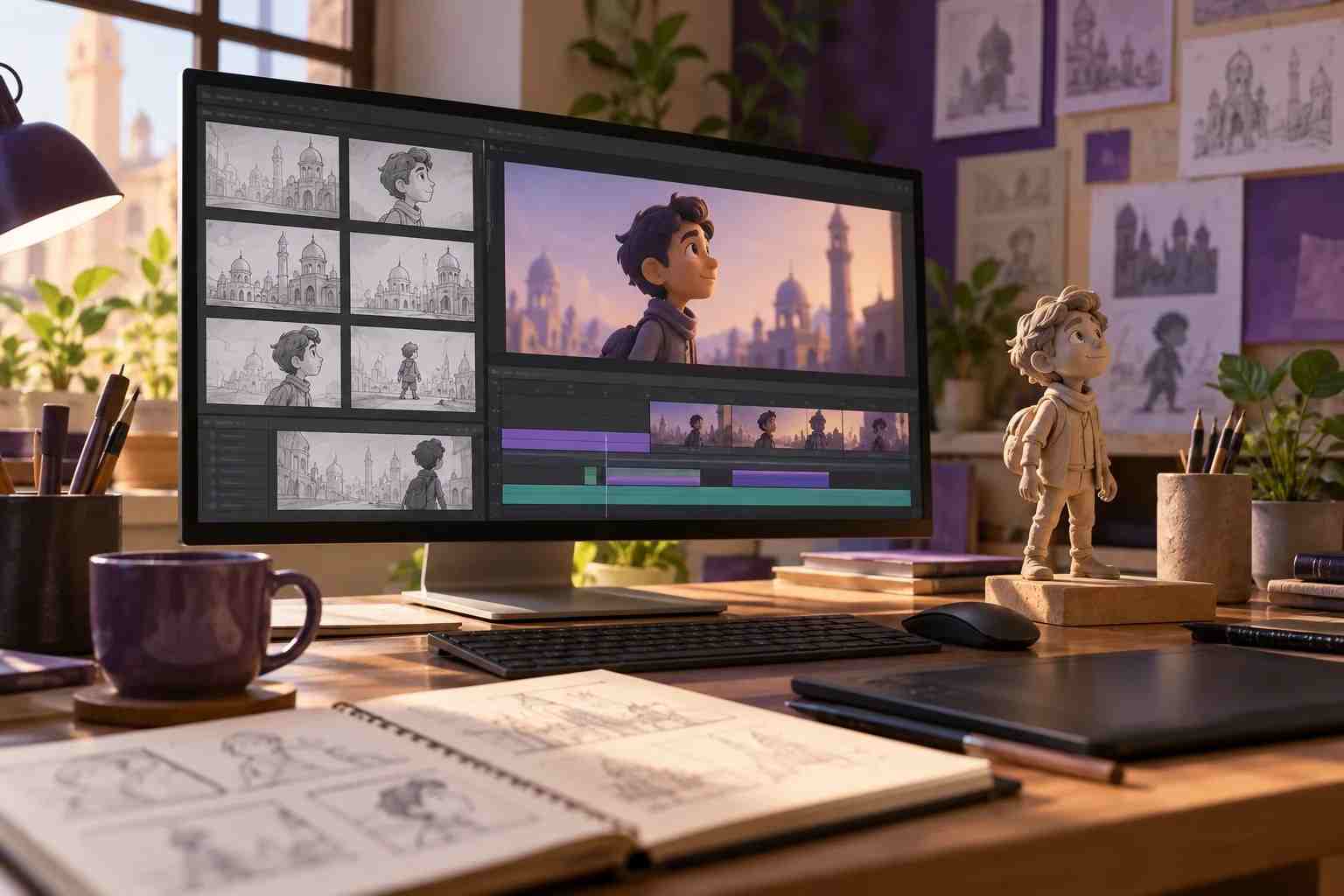 Concept image of storyboards and an animation workstation